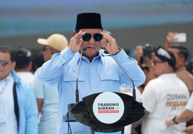 Prabowo Subianto, presidential candidate and Indonesia's defense minister, speaks during a campaign rally in Jakarta, Indonesia to illustrate Fears for academic freedom as new president takes office in Indonesia